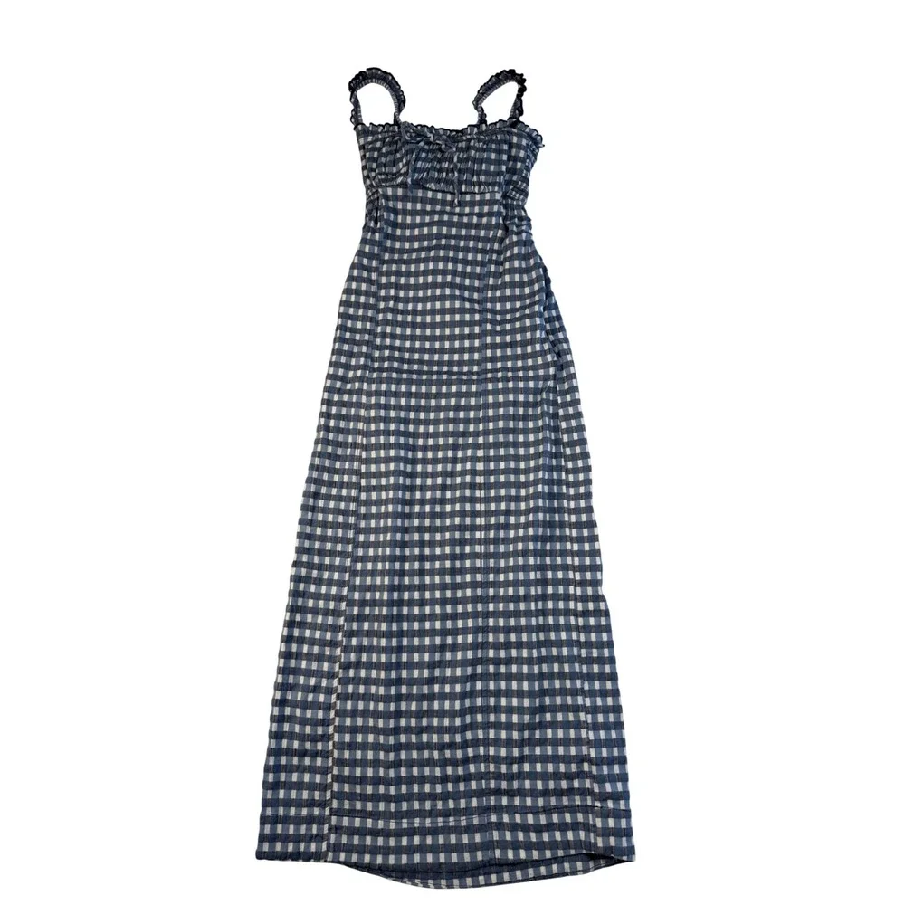 Free People Gingham Lace Up Back Midi Dress Blue White Small
